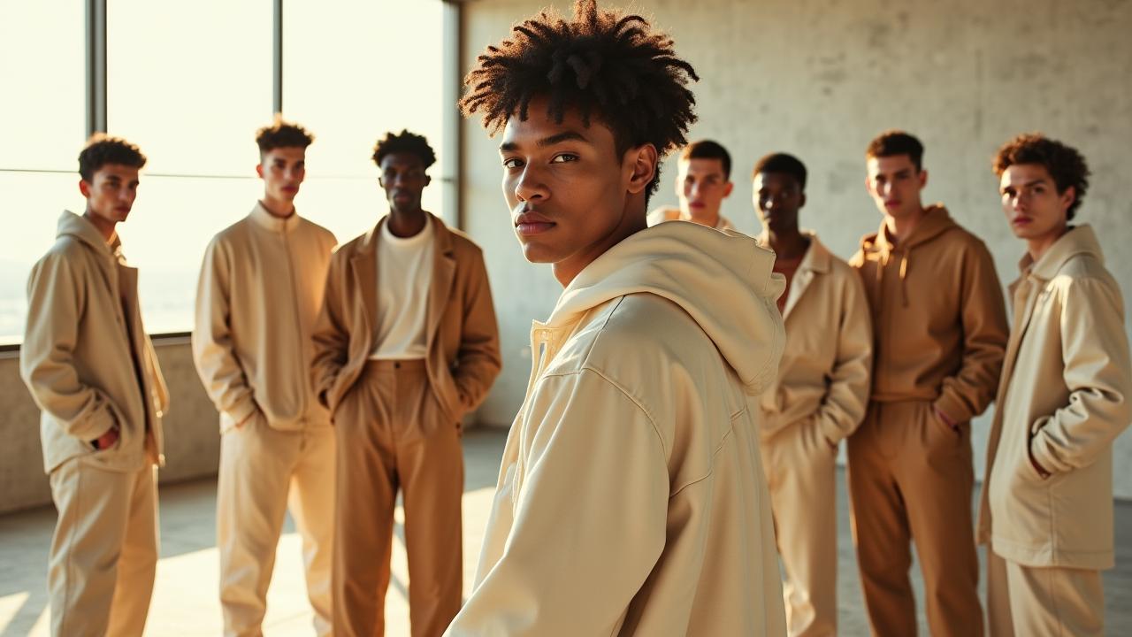 Group of diverse models wearing inclusive, neutral-toned streetwear