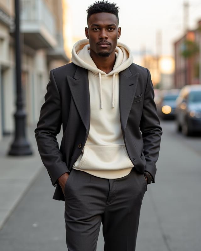 Oversized charcoal blazer styled with soft layers