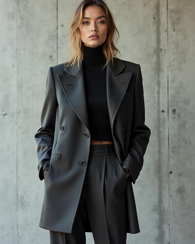 The same charcoal blazer styled as sharp streetwear