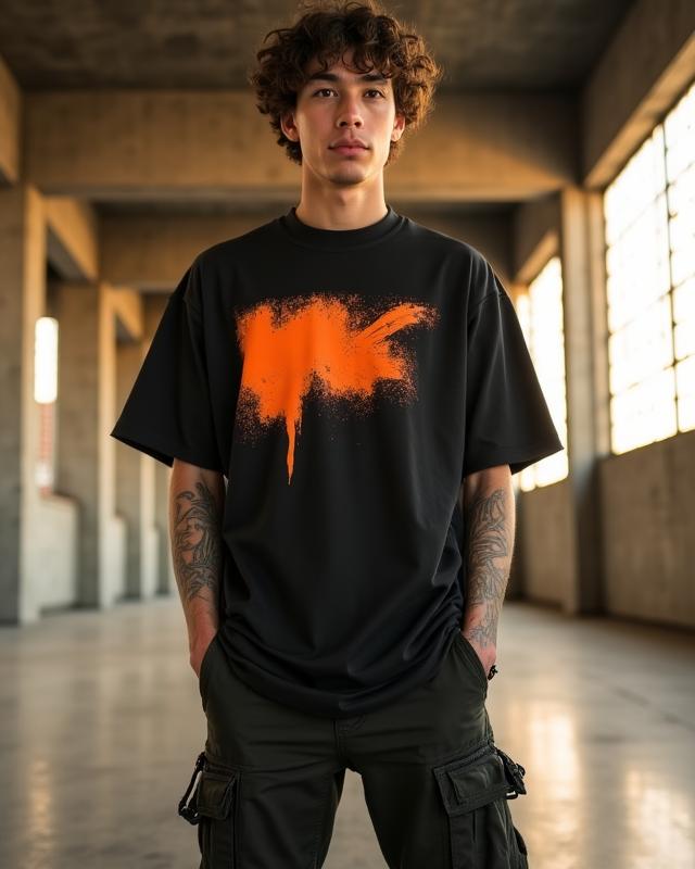 Person wearing urban graphic tee in industrial setting