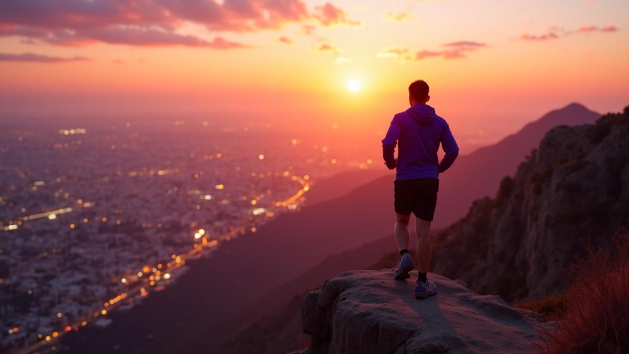 Adventurer overlooking the majestic Los Angeles basin at sunrise