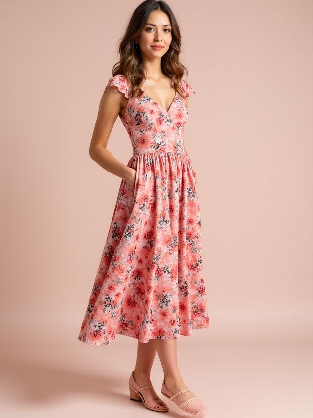Petite mid-length floral dress with raised waistline