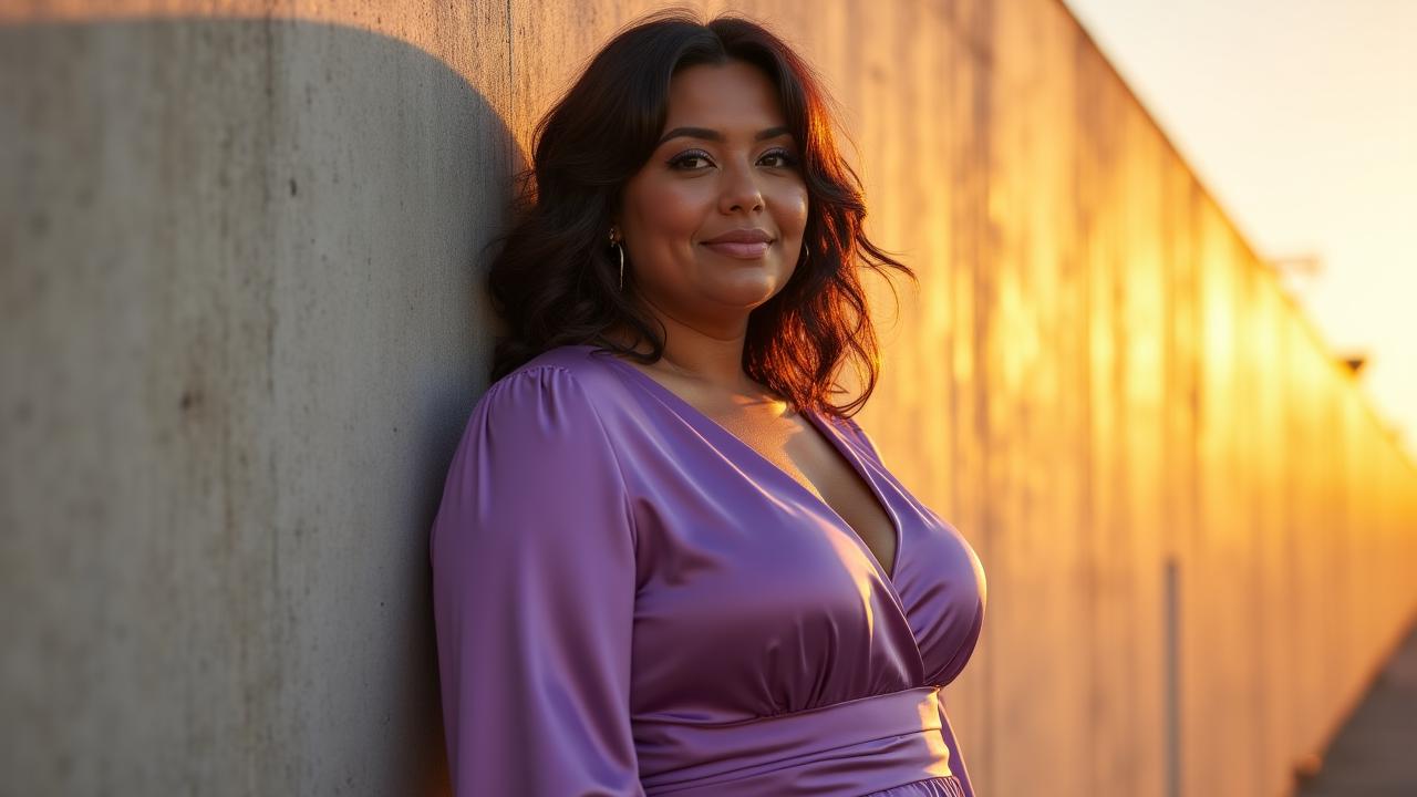 Confident plus-size model in a tailored lavender dress