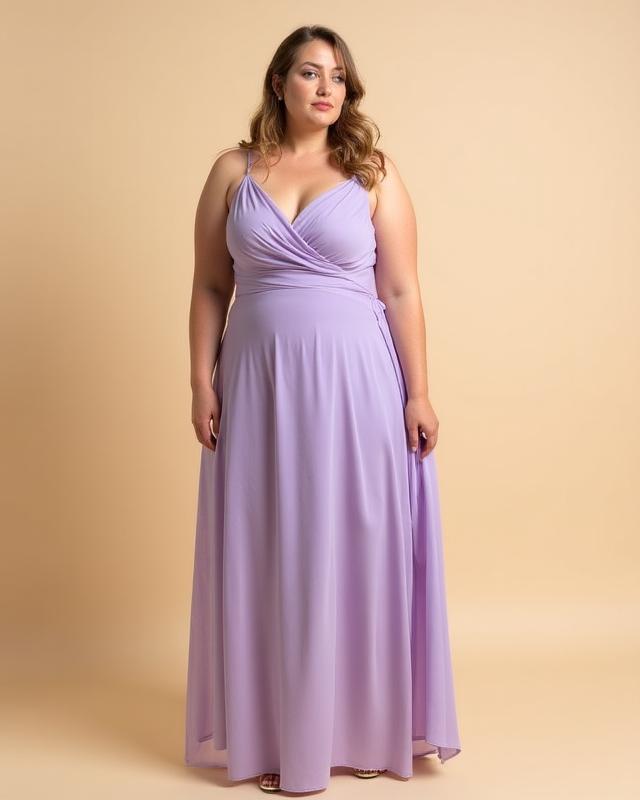 Model in inclusive lavender draped dress