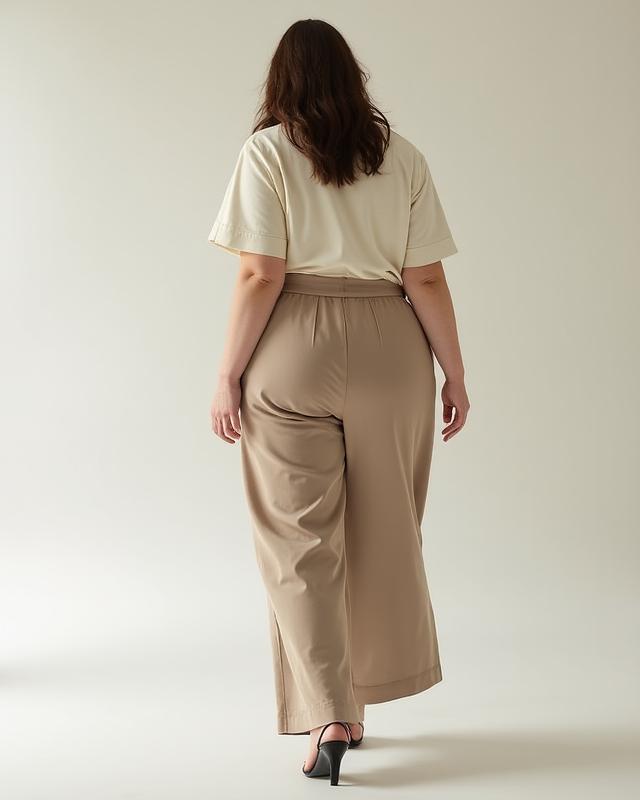 Model in wide-leg sustainable trousers