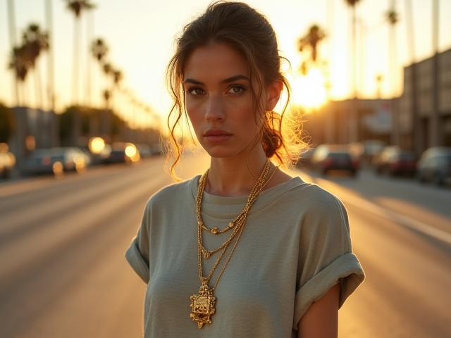 Model wearing a vintage oversized tee styled with gold jewelry