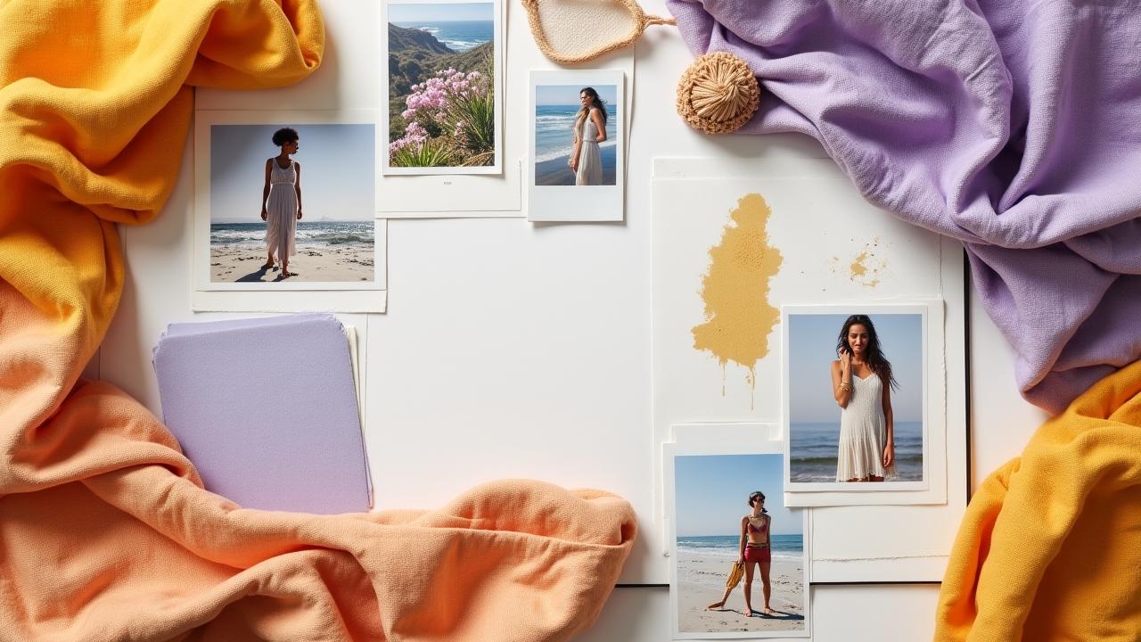 Artfully arranged fashion mood board with earth tones and LA chic textures