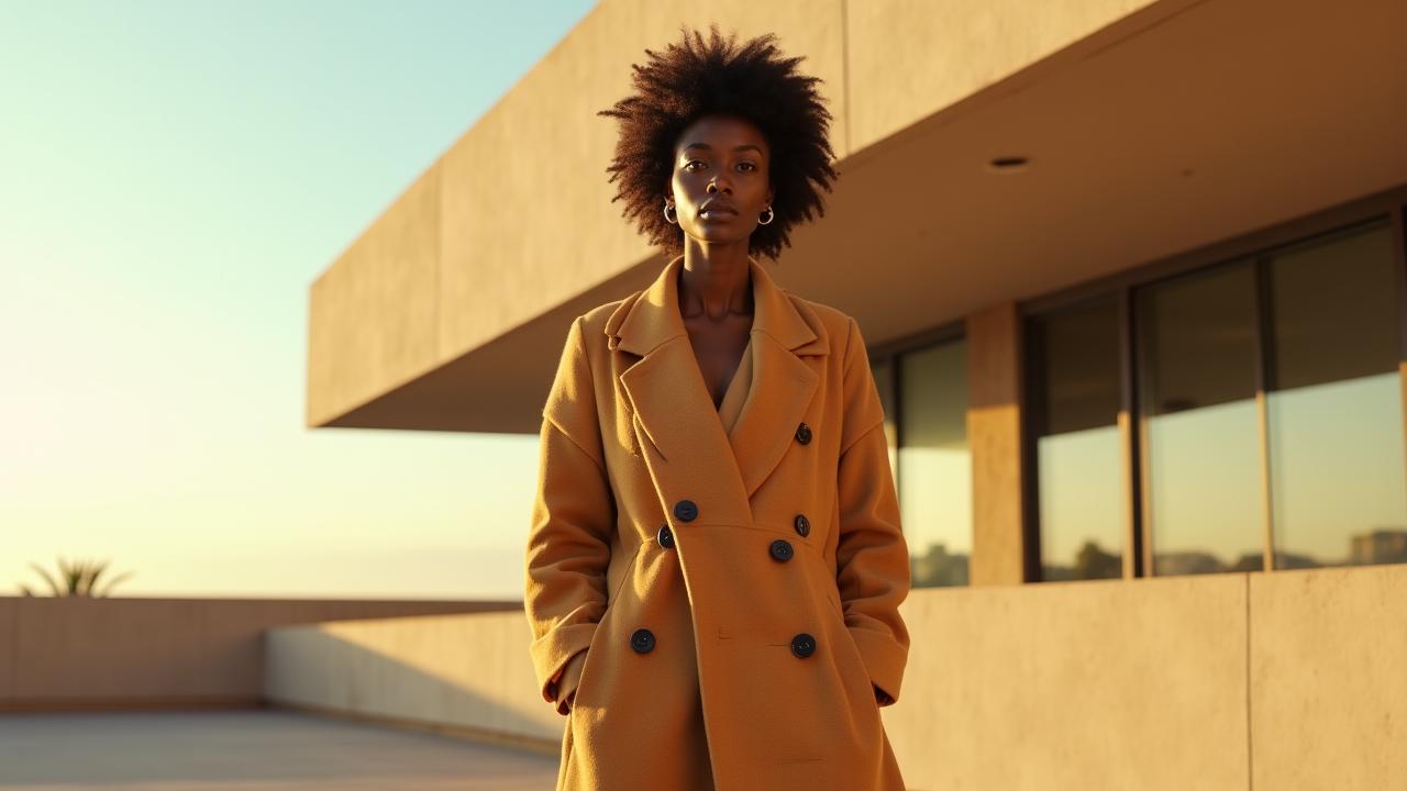Model wearing a curated 1970s inspired outfit in a modern Los Angeles setting